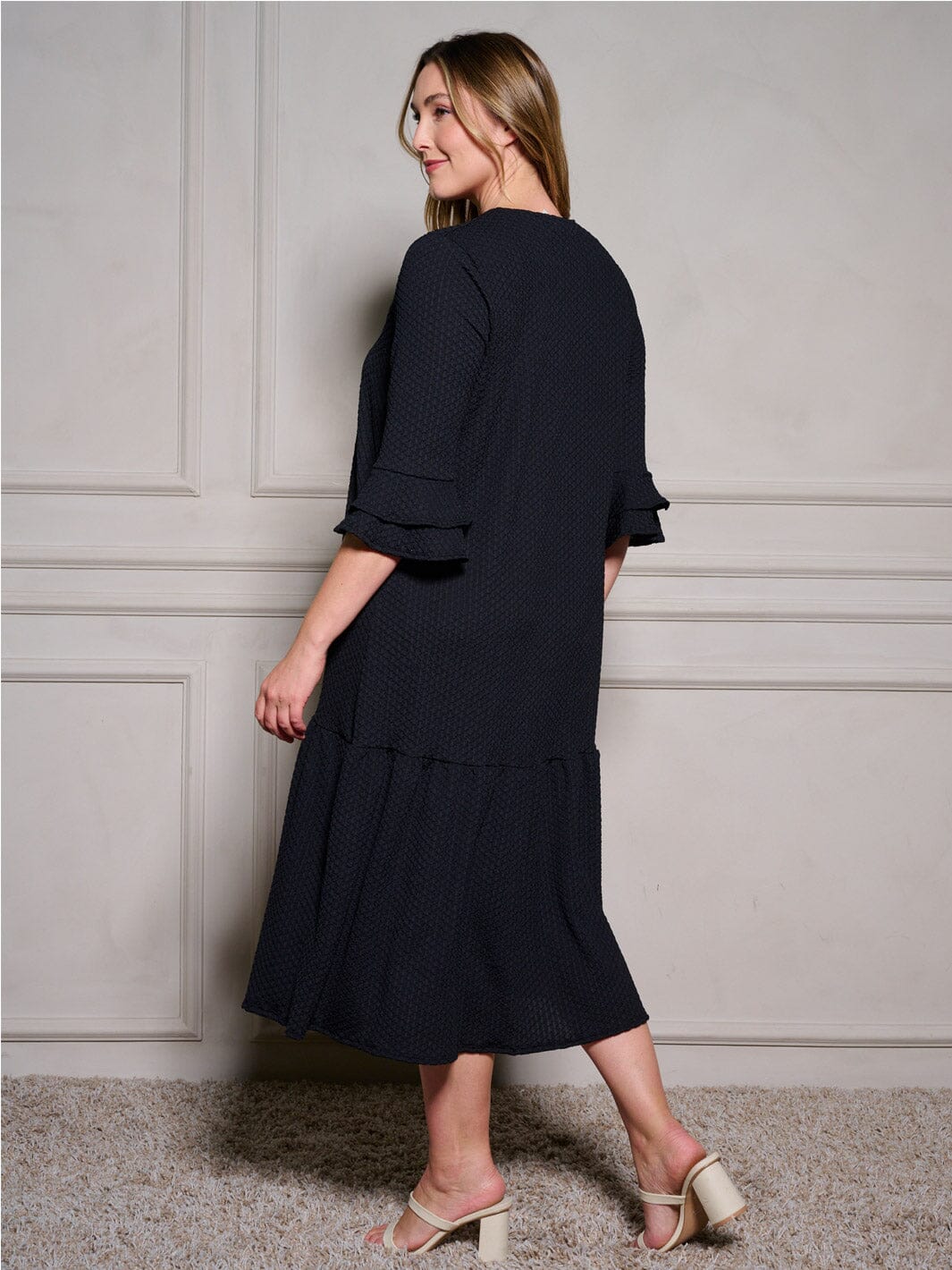 PLUS SIZE 3/4 RUFFLE SLEEVE POCKETS TIERED BUTTON UP MAXI DRESS