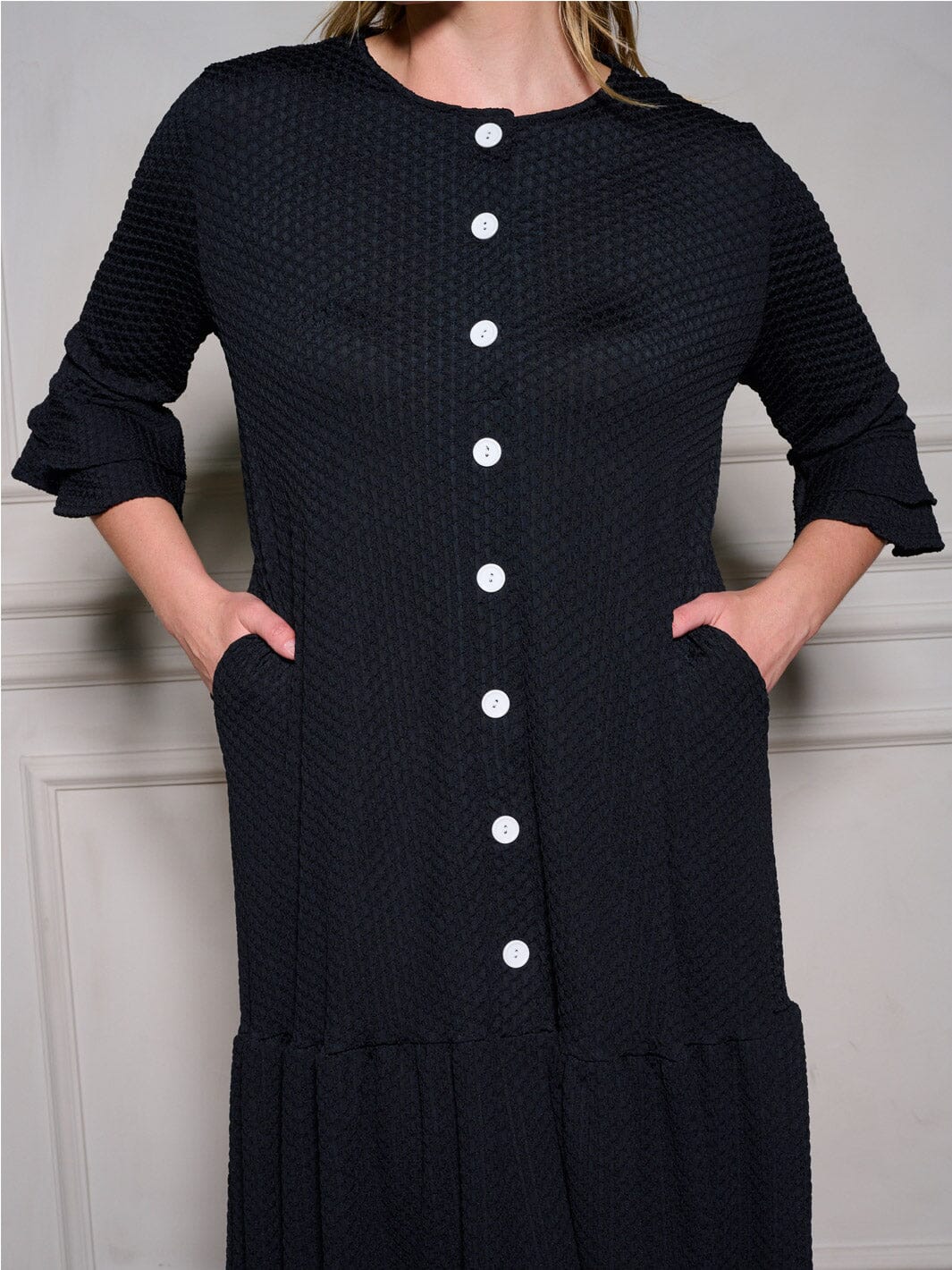 PLUS SIZE 3/4 RUFFLE SLEEVE POCKETS TIERED BUTTON UP MAXI DRESS