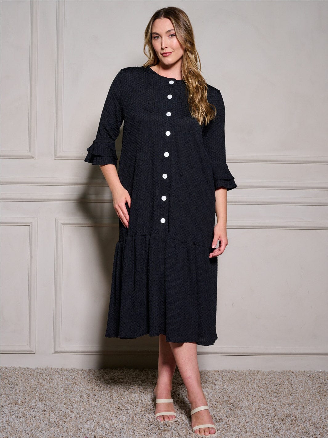 PLUS SIZE 3/4 RUFFLE SLEEVE POCKETS TIERED BUTTON UP MAXI DRESS