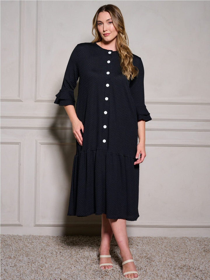 PLUS SIZE 3/4 RUFFLE SLEEVE POCKETS TIERED BUTTON UP MAXI DRESS