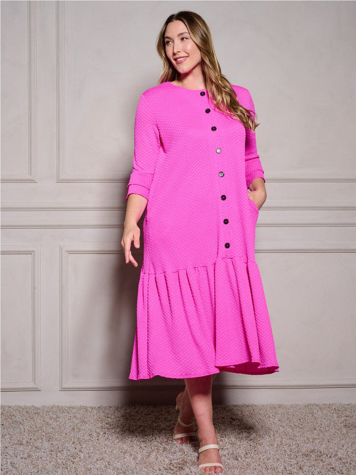 PLUS SIZE 3/4 RUFFLE SLEEVE POCKETS TIERED BUTTON UP MAXI DRESS