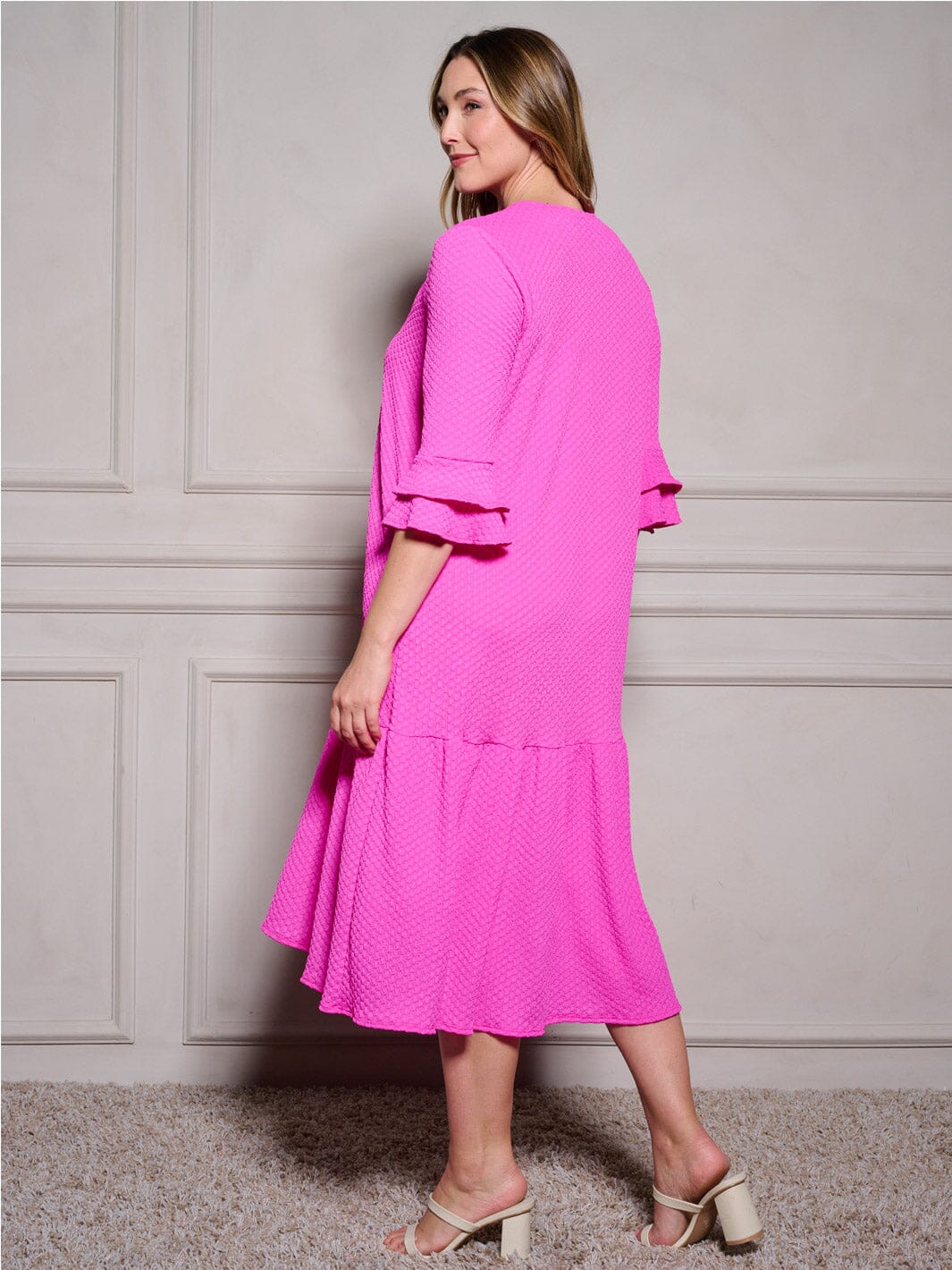 PLUS SIZE 3/4 RUFFLE SLEEVE POCKETS TIERED BUTTON UP MAXI DRESS