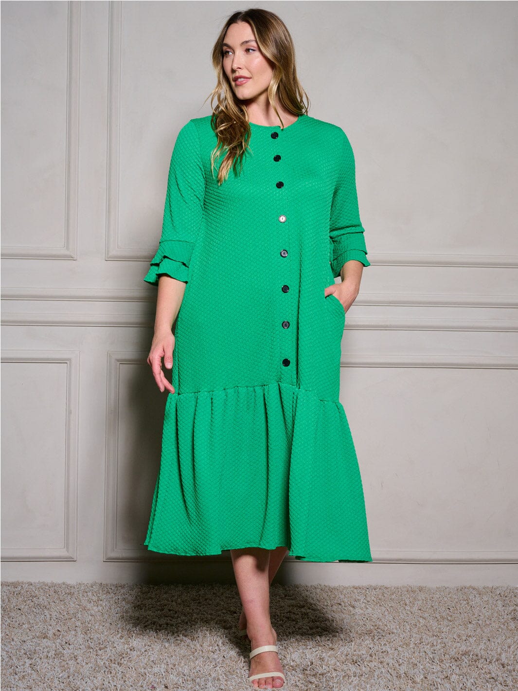 PLUS SIZE 3/4 RUFFLE SLEEVE POCKETS TIERED BUTTON UP MAXI DRESS