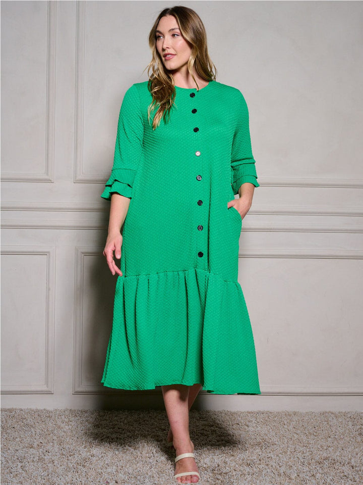 PLUS SIZE 3/4 RUFFLE SLEEVE POCKETS TIERED BUTTON UP MAXI DRESS