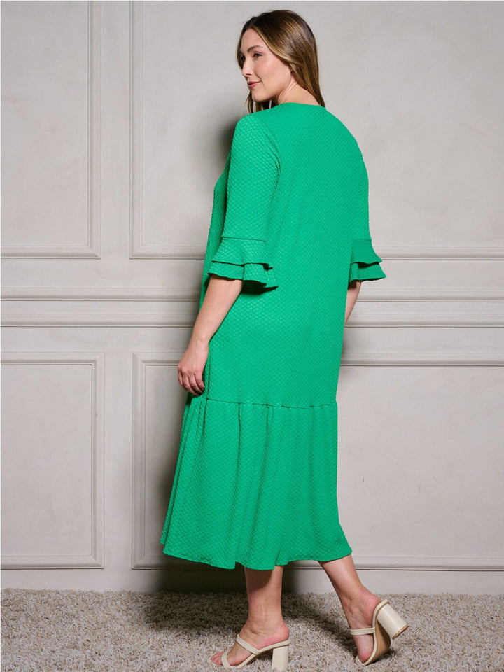 PLUS SIZE 3/4 RUFFLE SLEEVE POCKETS TIERED BUTTON UP MAXI DRESS