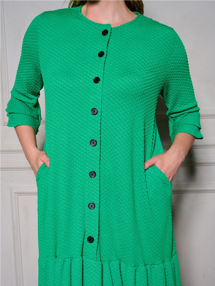 PLUS SIZE 3/4 RUFFLE SLEEVE POCKETS TIERED BUTTON UP MAXI DRESS