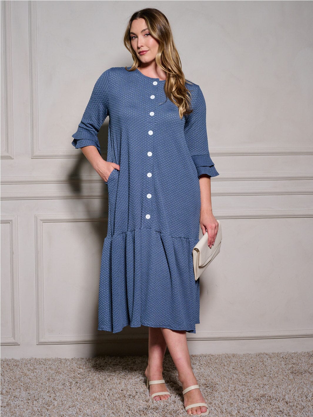 PLUS SIZE 3/4 RUFFLE SLEEVE POCKETS TIERED BUTTON UP MAXI DRESS