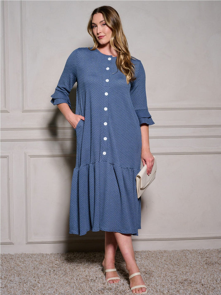 PLUS SIZE 3/4 RUFFLE SLEEVE POCKETS TIERED BUTTON UP MAXI DRESS