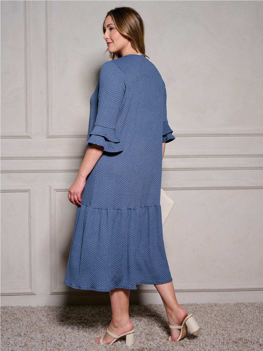 PLUS SIZE 3/4 RUFFLE SLEEVE POCKETS TIERED BUTTON UP MAXI DRESS