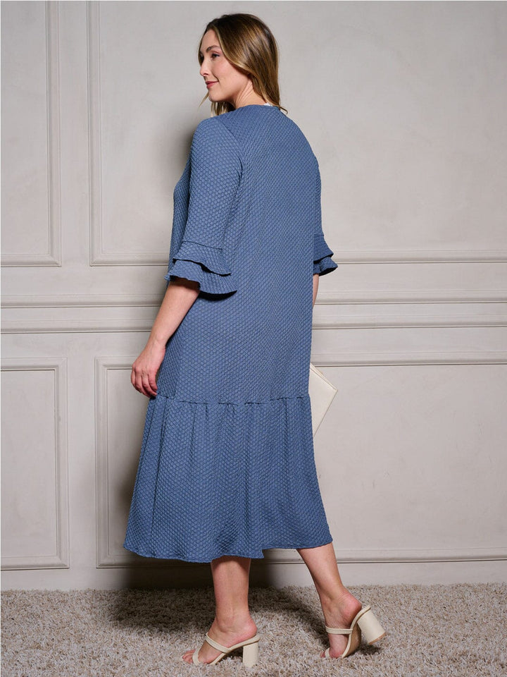 PLUS SIZE 3/4 RUFFLE SLEEVE POCKETS TIERED BUTTON UP MAXI DRESS