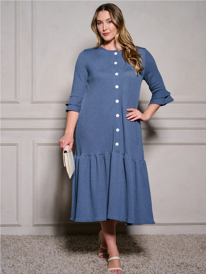 PLUS SIZE 3/4 RUFFLE SLEEVE POCKETS TIERED BUTTON UP MAXI DRESS