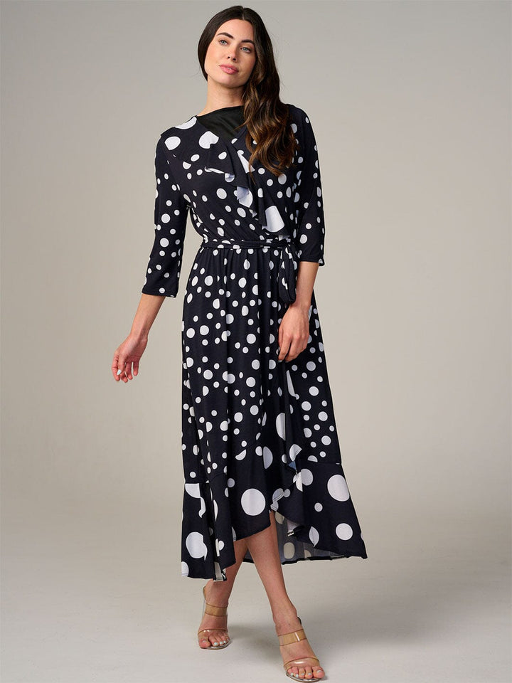 WOMEN'S 3/4 SLEEVE FRONT POCKETS ELASTIC WAIST POLKA DOTS MAXI DRESS