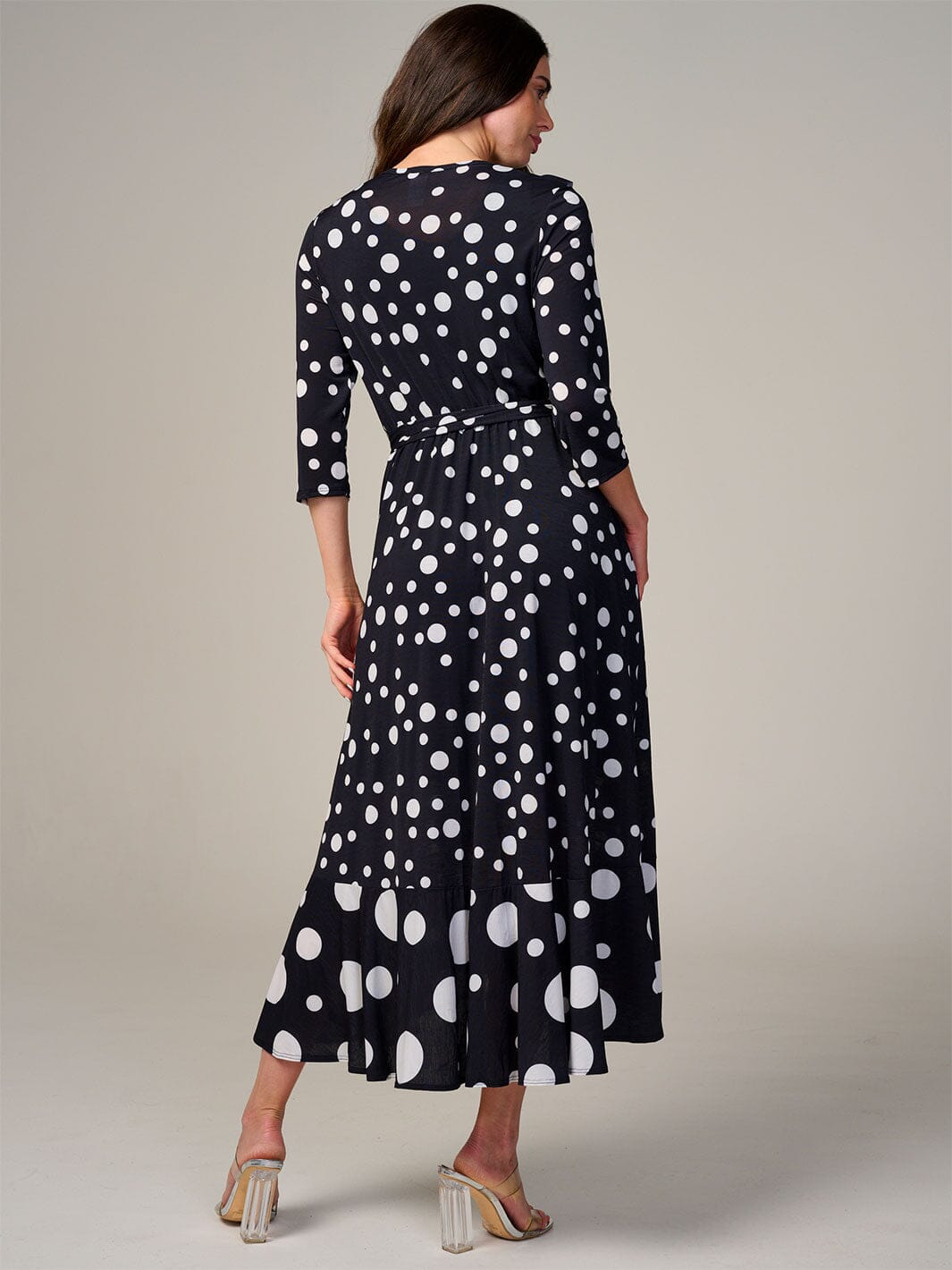 WOMEN'S 3/4 SLEEVE FRONT POCKETS ELASTIC WAIST POLKA DOTS MAXI DRESS