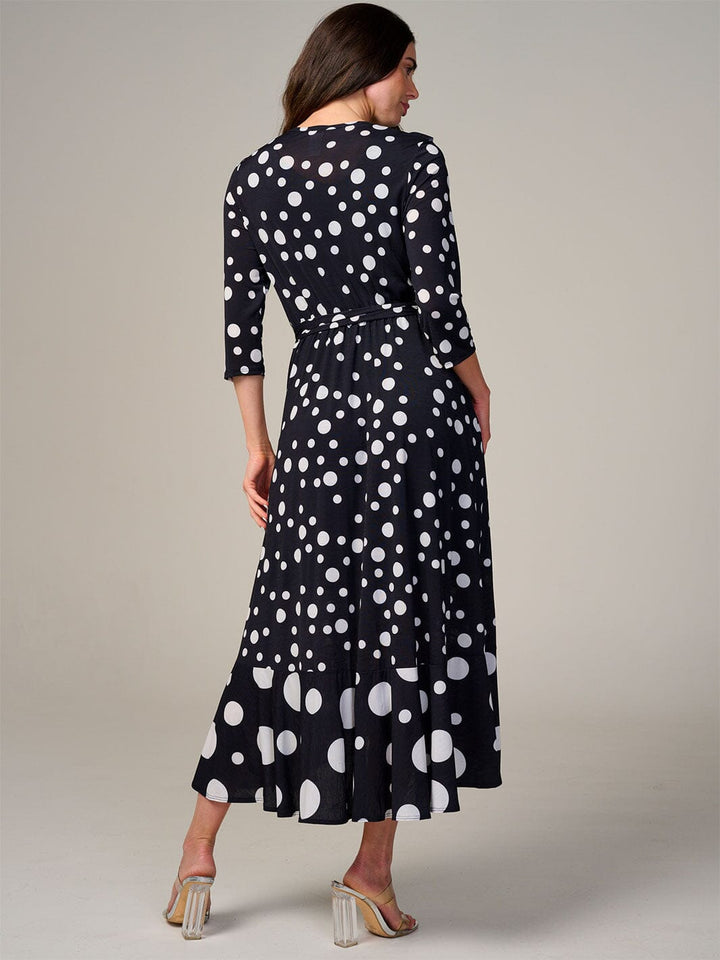 WOMEN'S 3/4 SLEEVE FRONT POCKETS ELASTIC WAIST POLKA DOTS MAXI DRESS