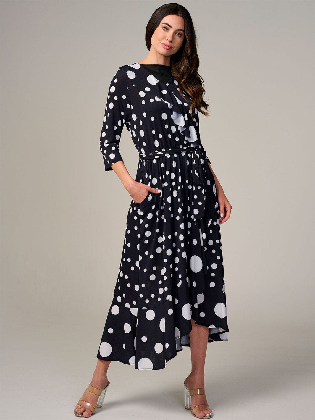 WOMEN'S 3/4 SLEEVE FRONT POCKETS ELASTIC WAIST POLKA DOTS MAXI DRESS