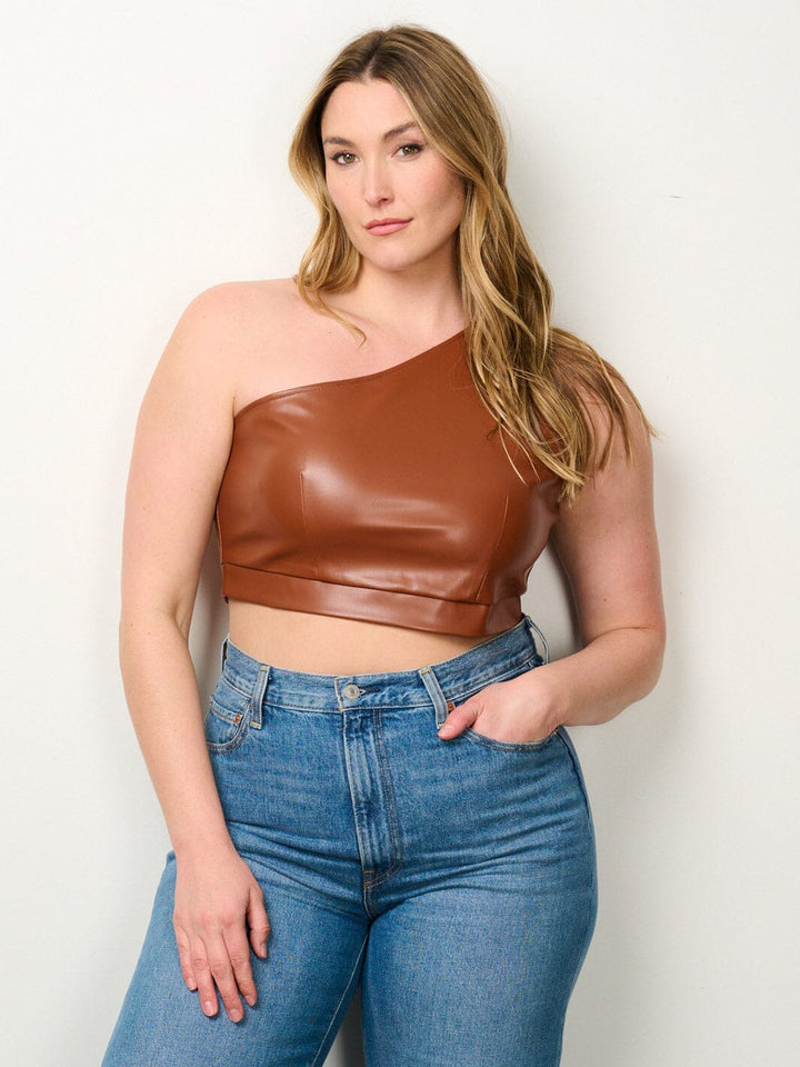 PLUS SIZE ONE SHOULDER PU PLEATHER CROP TOP