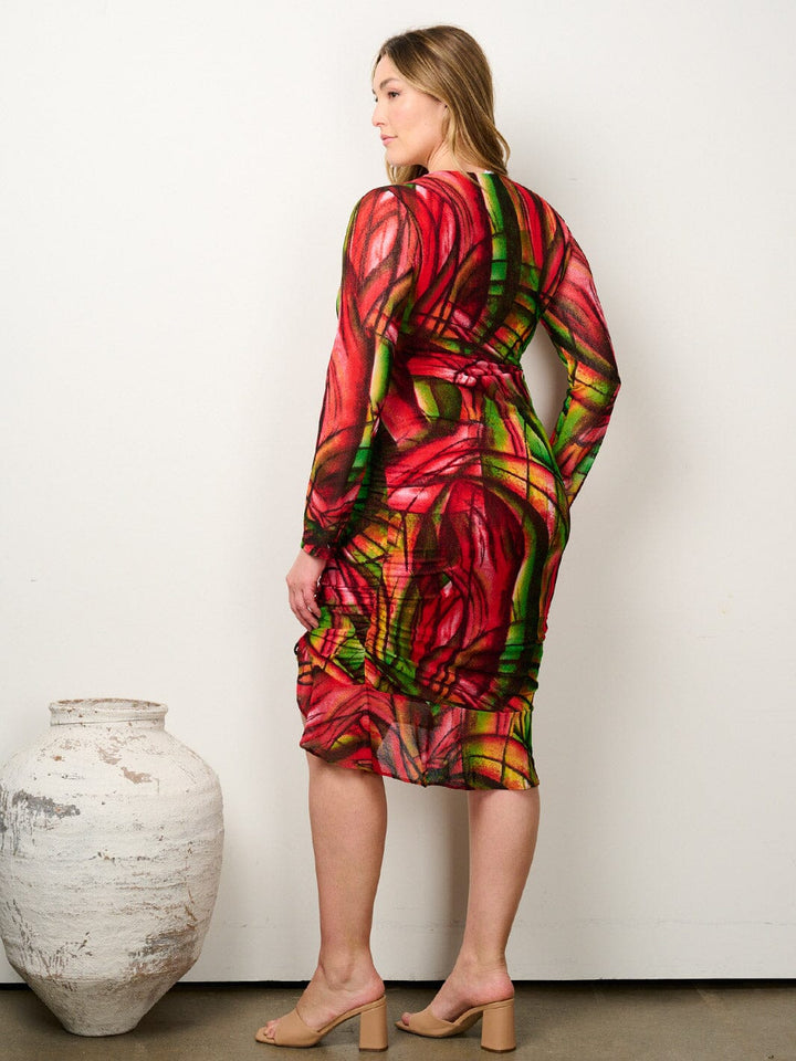 PLUS SIZE LONG SLEEVE V-NECK RUCHING FRONT MIDI DRESS