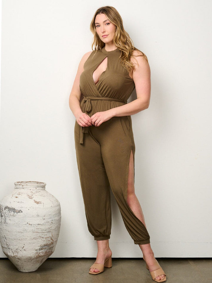 PLUS SIZE SLEEVELESS FRONT KEY HOLE SIDE SLIT JUMPSUIT