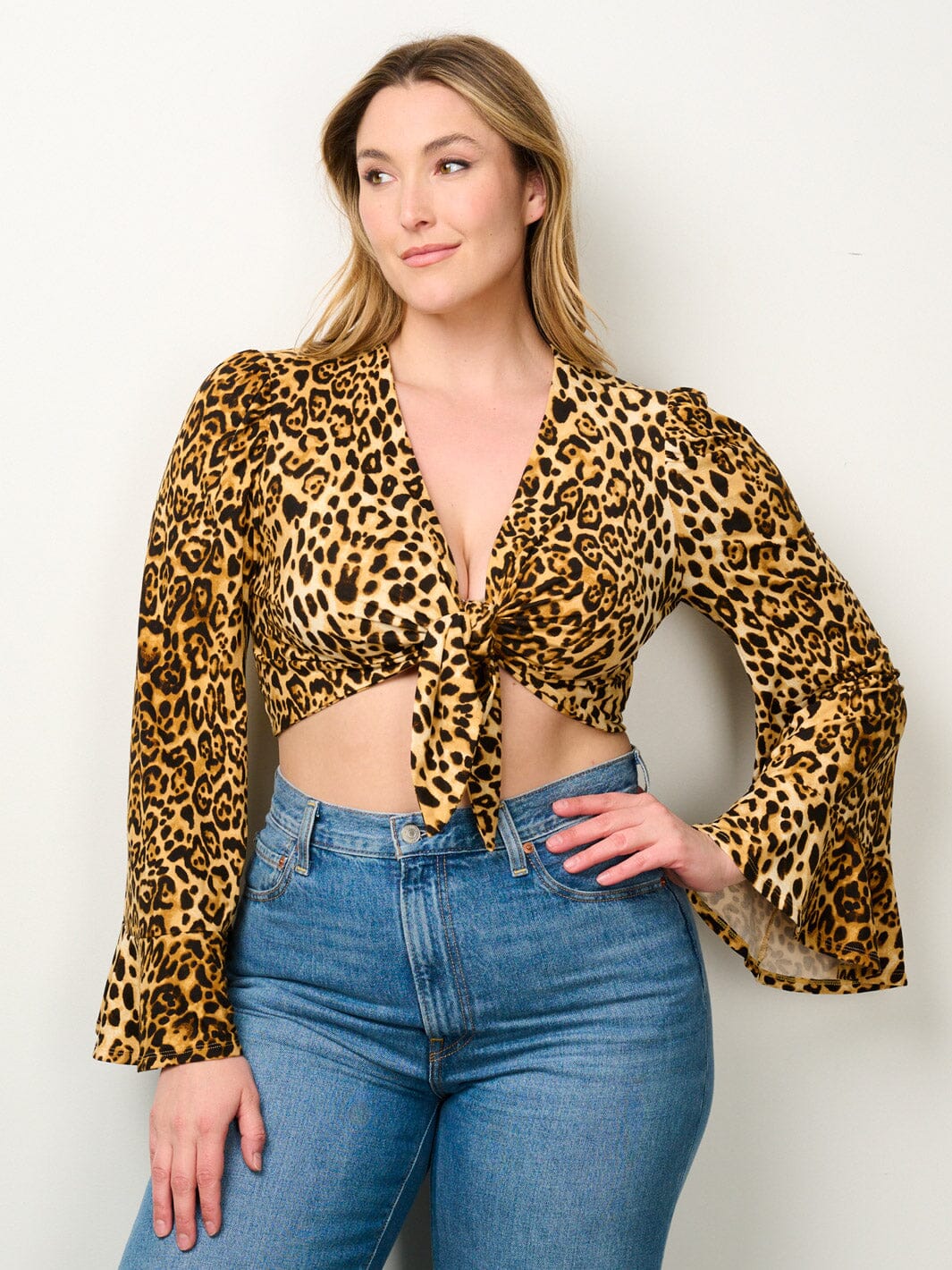 PLUS SIZE LONG BELL SLEEVE FRONT TIE ANIMAL PRINT CROP TOP