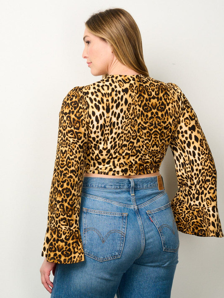PLUS SIZE LONG BELL SLEEVE FRONT TIE ANIMAL PRINT CROP TOP