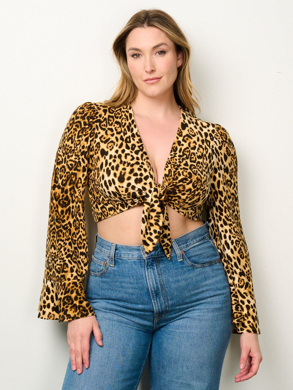 PLUS SIZE LONG BELL SLEEVE FRONT TIE ANIMAL PRINT CROP TOP