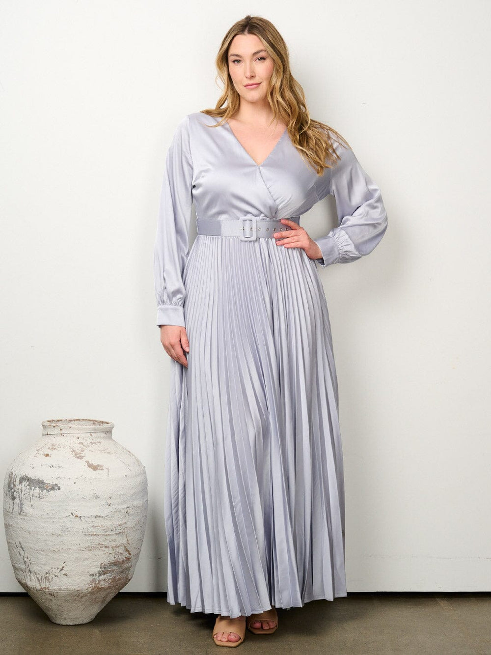 PLUS SIZE LONG SLEEVE SURPLICE BELTED PLEATED MAXI GOWN DRESS