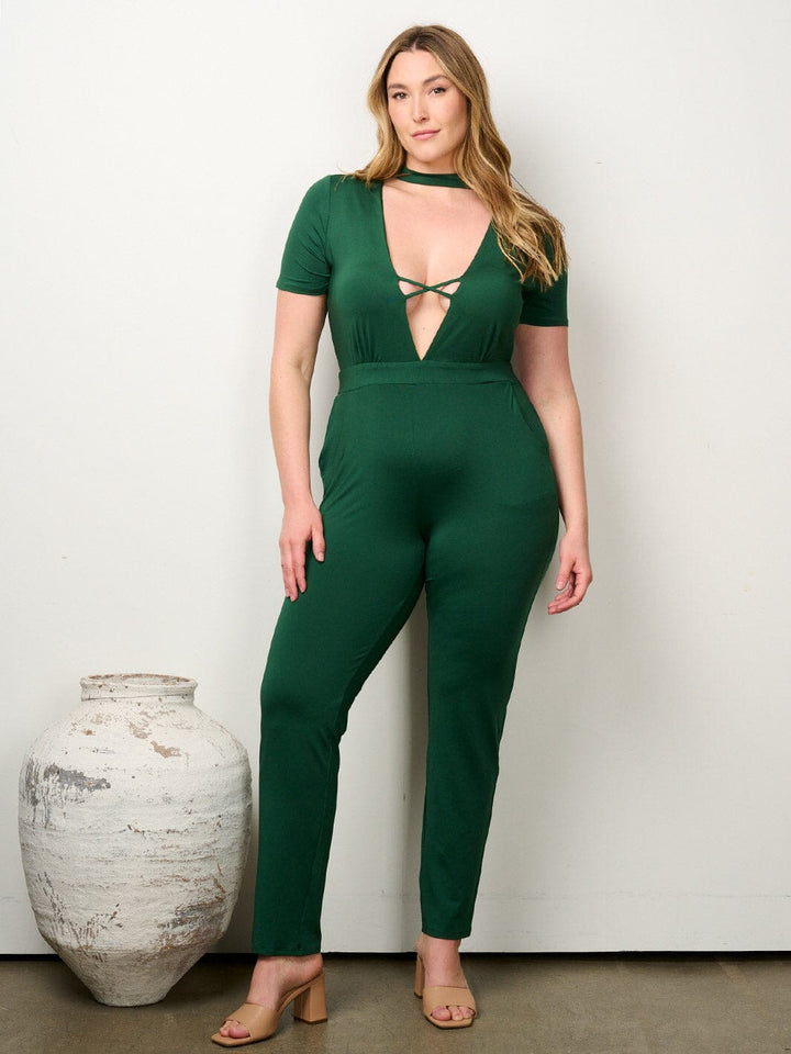PLUS SIZE SHORT SLEEVE V-NECK POCKETS JUMPSUIT