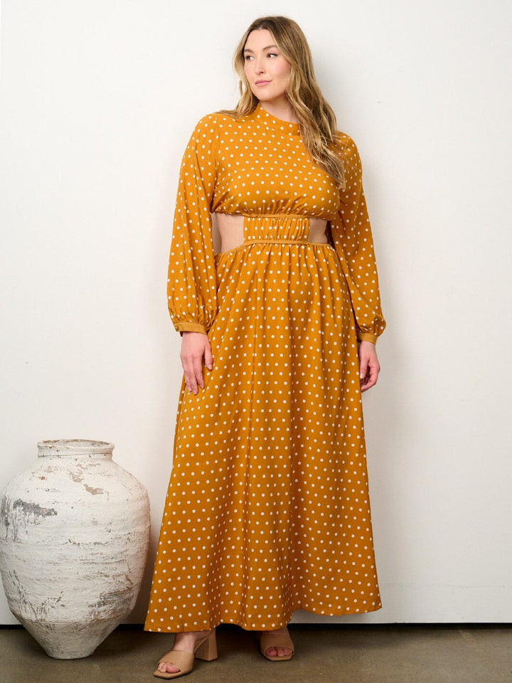 PLUS SIZE ONE LONG SLEEVE CUT OUT POLKA DOTS MAXI DRESS