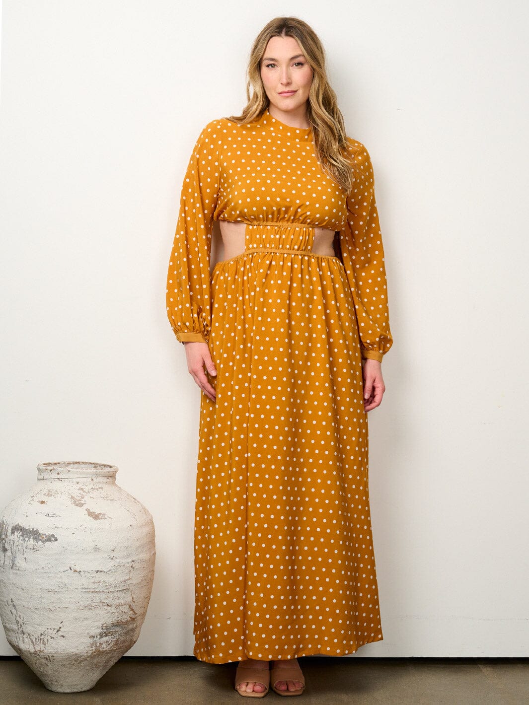 PLUS SIZE ONE LONG SLEEVE CUT OUT POLKA DOTS MAXI DRESS