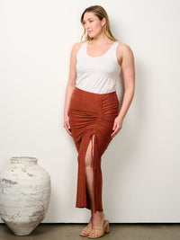 PLUS SIZE ELASTIC WAISTBAND FRONT RUCHED SHIMMER MAXI SKIRT