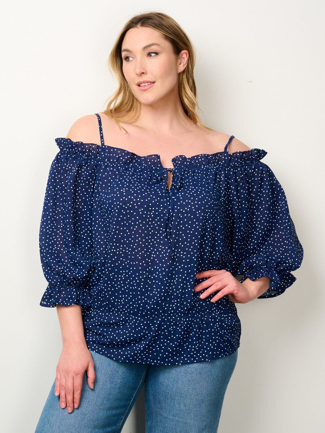 PLUS SIZE 3/4 SLEEVE OFF SHOULDER POLKA DOTS TOP