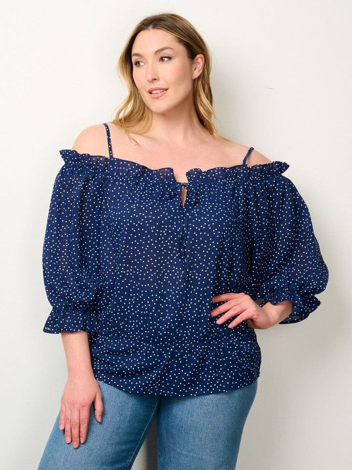 PLUS SIZE 3/4 SLEEVE OFF SHOULDER POLKA DOTS TOP