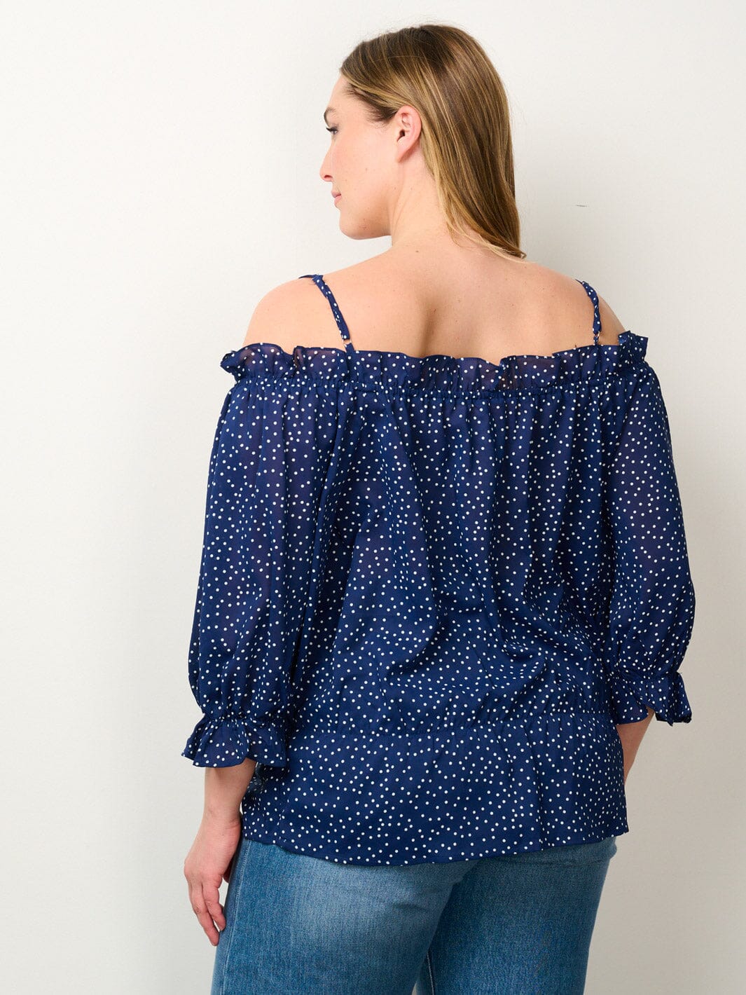 PLUS SIZE 3/4 SLEEVE OFF SHOULDER POLKA DOTS TOP