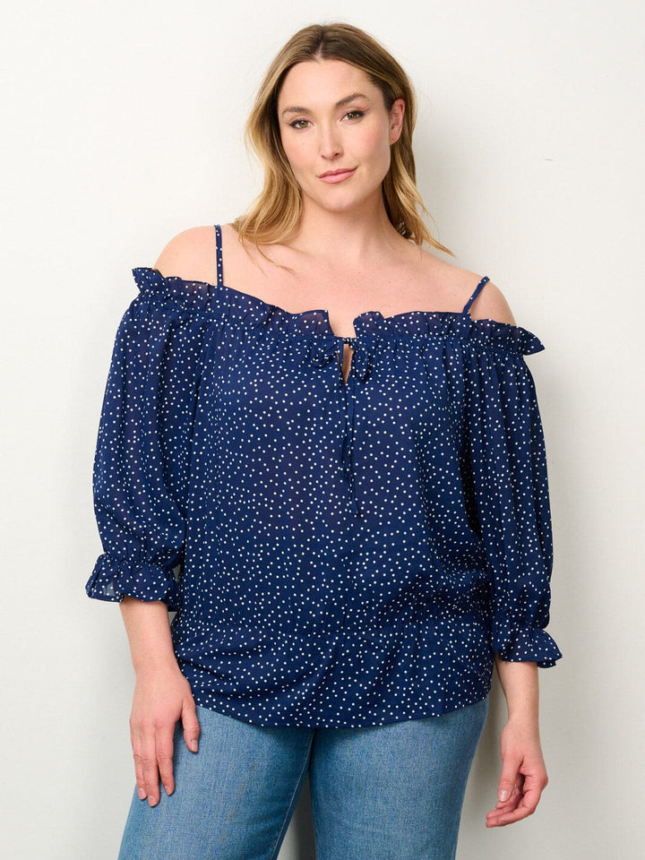 PLUS SIZE 3/4 SLEEVE OFF SHOULDER POLKA DOTS TOP