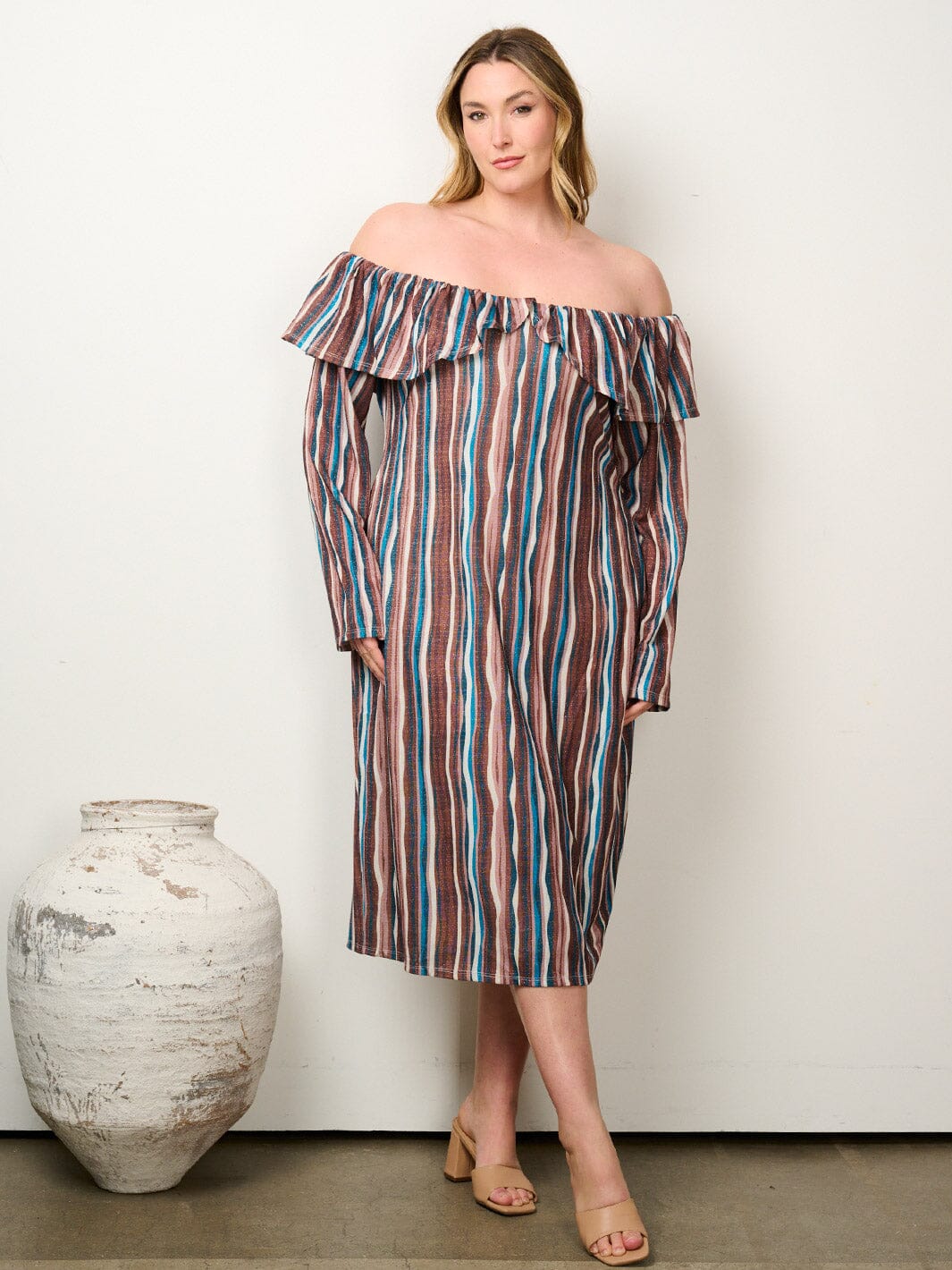 PLUS SIZE LONG SLEEVE OFF SHOULDER STRIPES SHIMMER MIDI DRESS