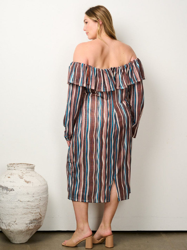 PLUS SIZE LONG SLEEVE OFF SHOULDER STRIPES SHIMMER MIDI DRESS