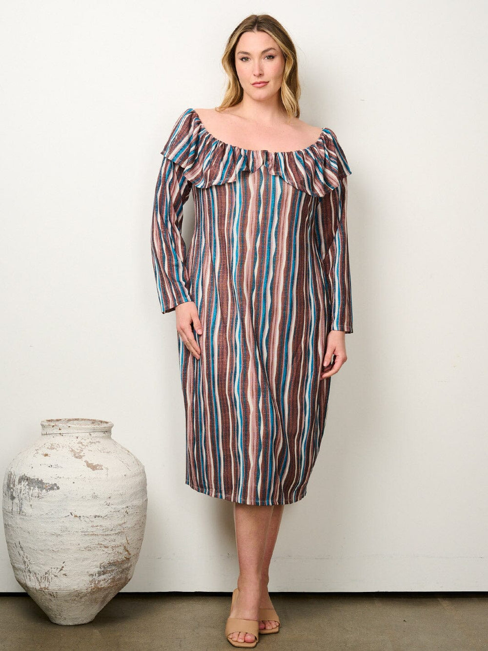 PLUS SIZE LONG SLEEVE OFF SHOULDER STRIPES SHIMMER MIDI DRESS