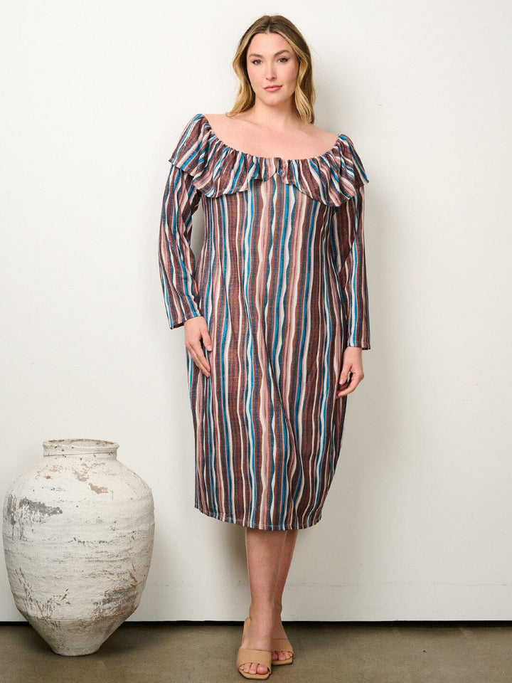 PLUS SIZE LONG SLEEVE OFF SHOULDER STRIPES SHIMMER MIDI DRESS