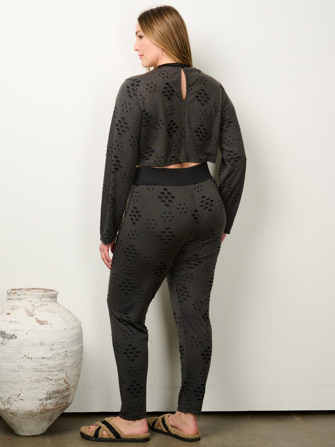 PLUS SIZE LONG SLEEVE CROP TOP & PANTS DISTRESSED 2PC. SET