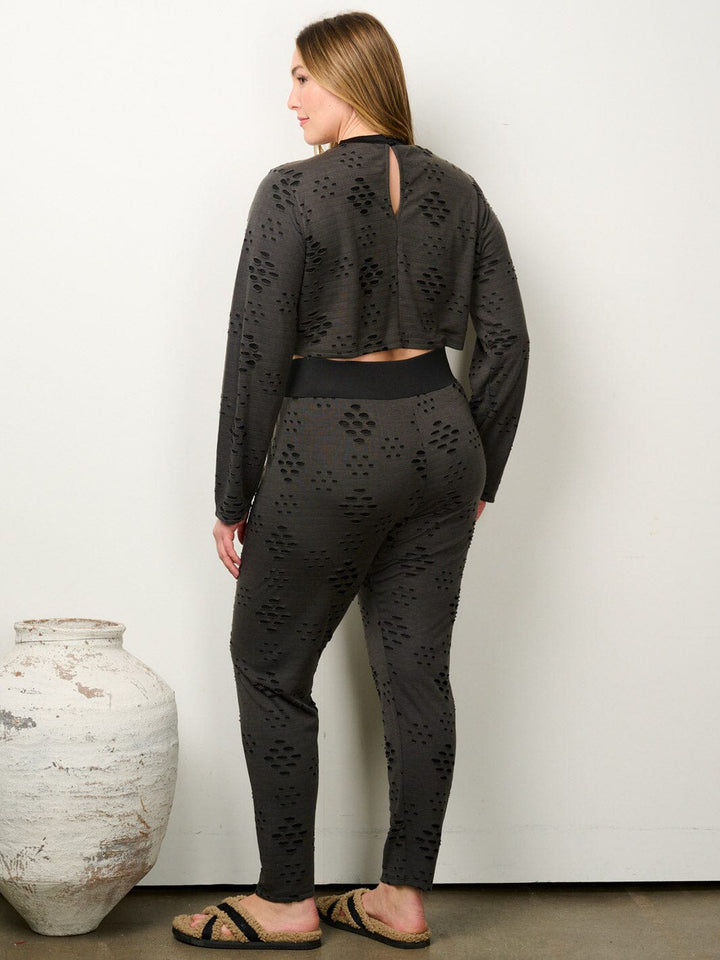 PLUS SIZE LONG SLEEVE CROP TOP & PANTS DISTRESSED 2PC. SET