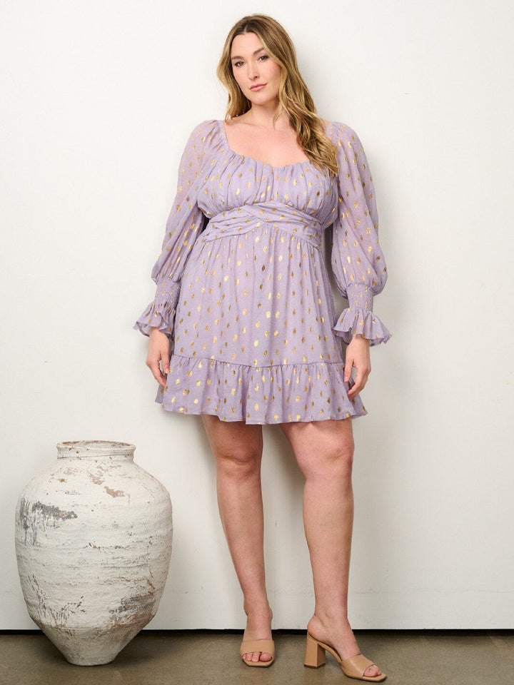 PLUS SIZE LONG SLEEVE RUFFLE SHIMMER FIT & FLARE MINI DRESS