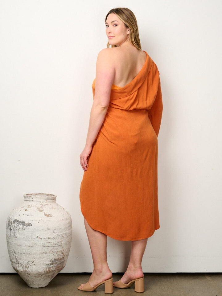 PLUS SIZE ONE SHOULDER HIGH-LOW MIDI DRESS