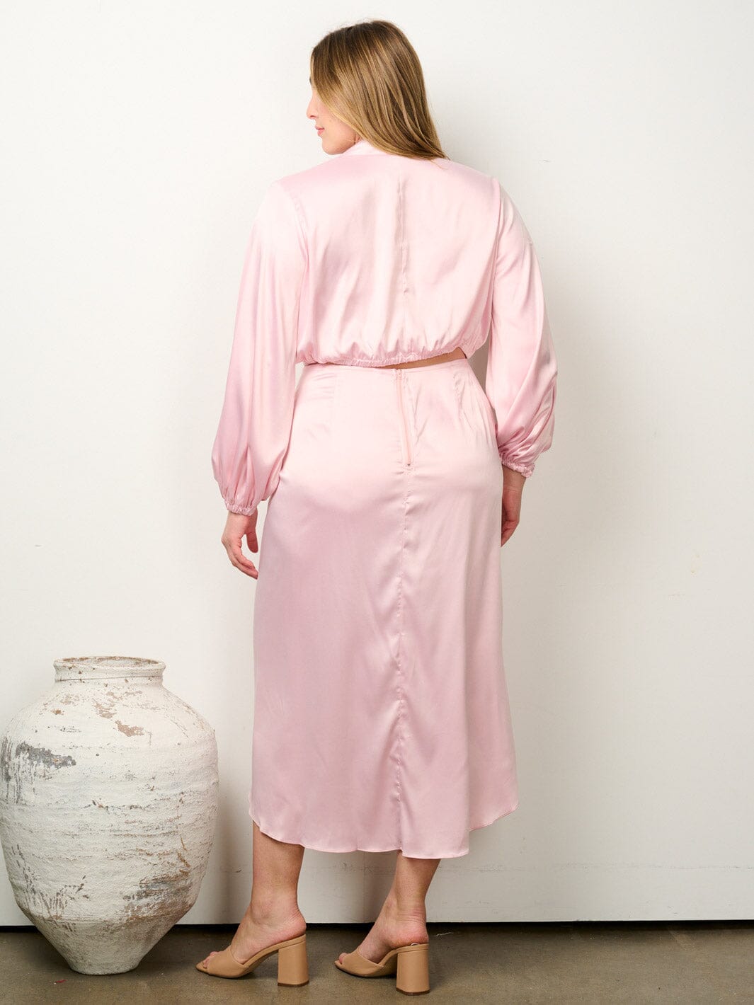 PLUS SIZE LONG SLEEVE CROP TOP & HIGH LOW MIDI SKIRT 2PC. SET