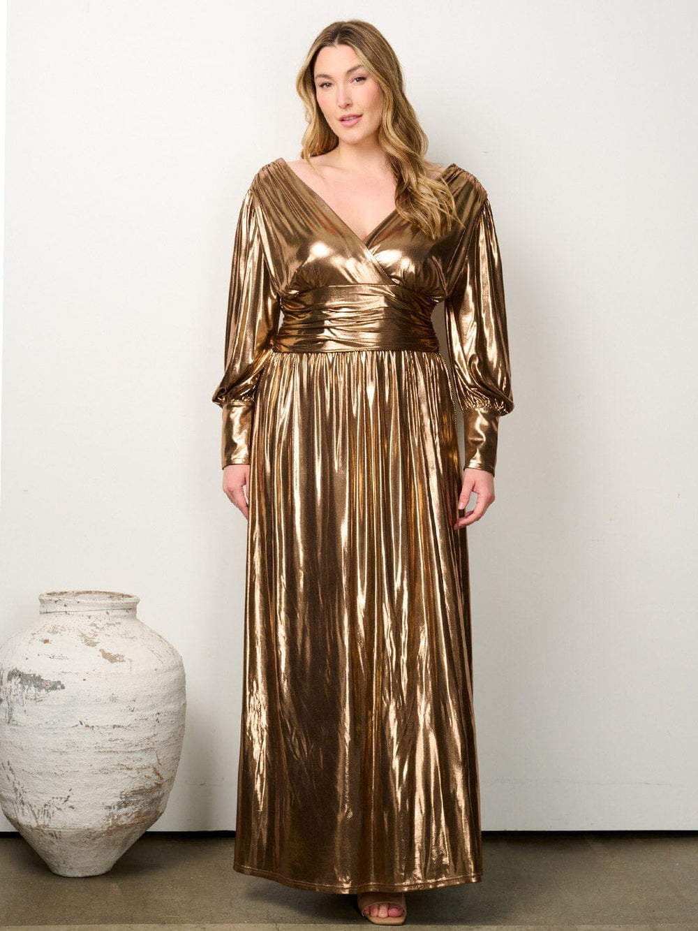 PLUS SIZE LONG SLEEVE SURPLICE SHIMMER PLEATED MAXI GOWN DRESS