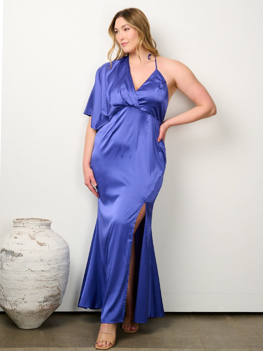 PLUS SIZE ONE SHOULDER OPEN BACK BODYCON MAXI DRESS