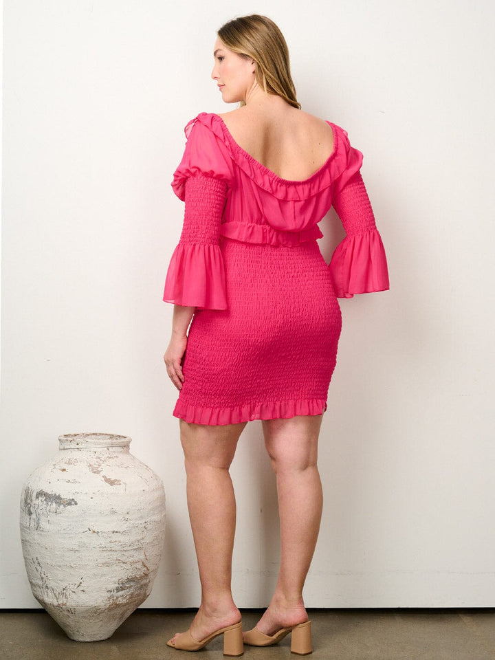 PLUS SIZE LONG SLEEVE SMOCK RUFFLE BODYCON MINI DRESS