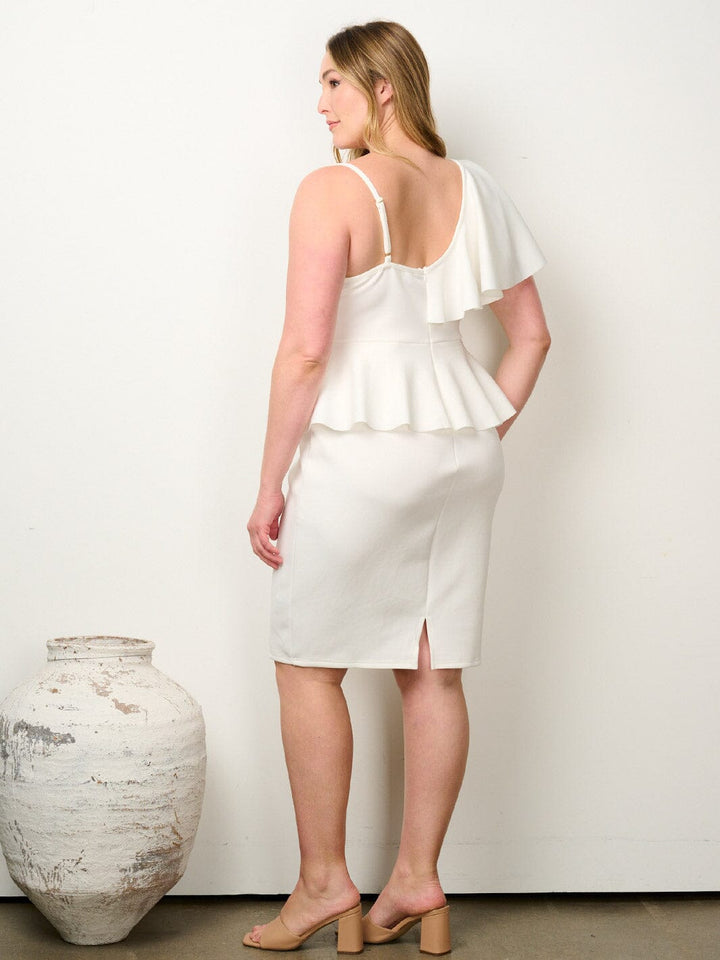 PLUS SIZE SLEEVELESS ONE SHOULDER RUFFLE MINI DRESS