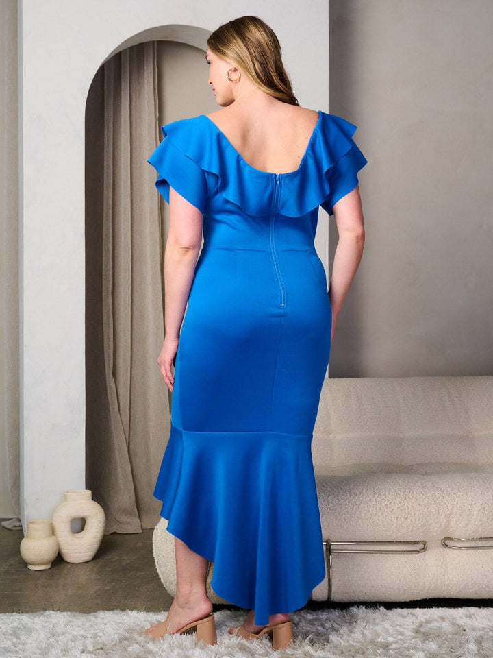 PLUS SIZE SHORT SLEEVE RUFFLE V-NECK HIGH- LOW MAXI DRESS