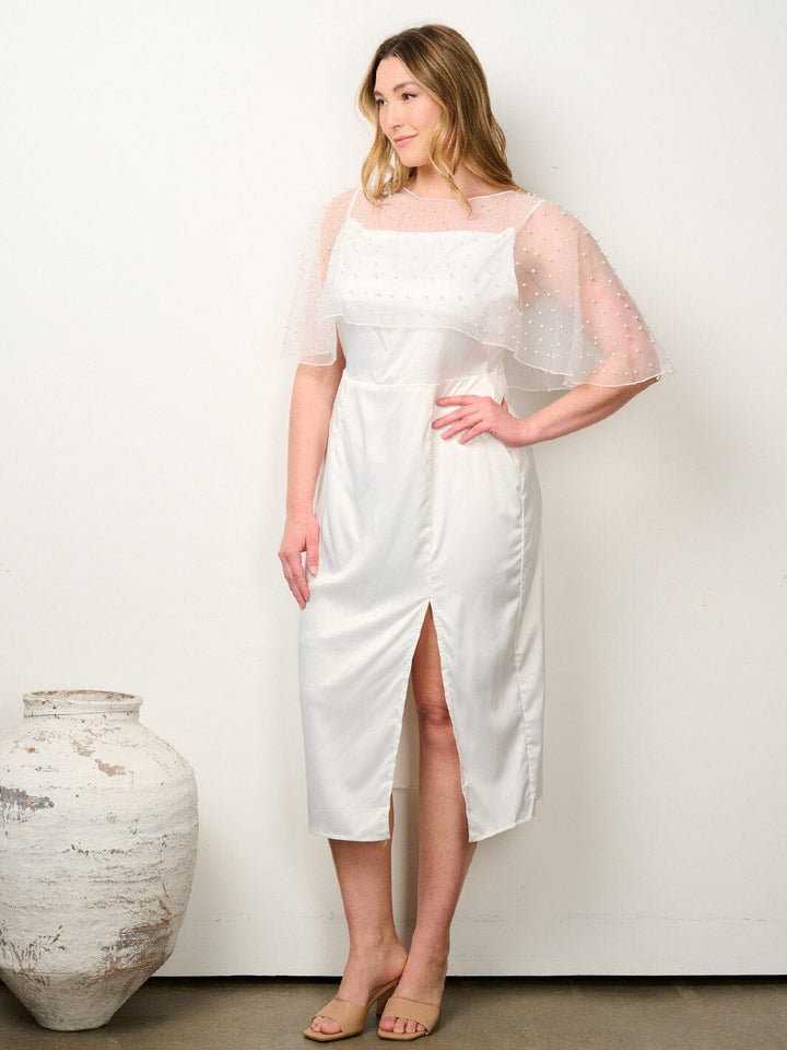 PLUS SIZE SLEEVELESS FRONT SLIT MESH PEARL COVER UP MIDI DRESS
