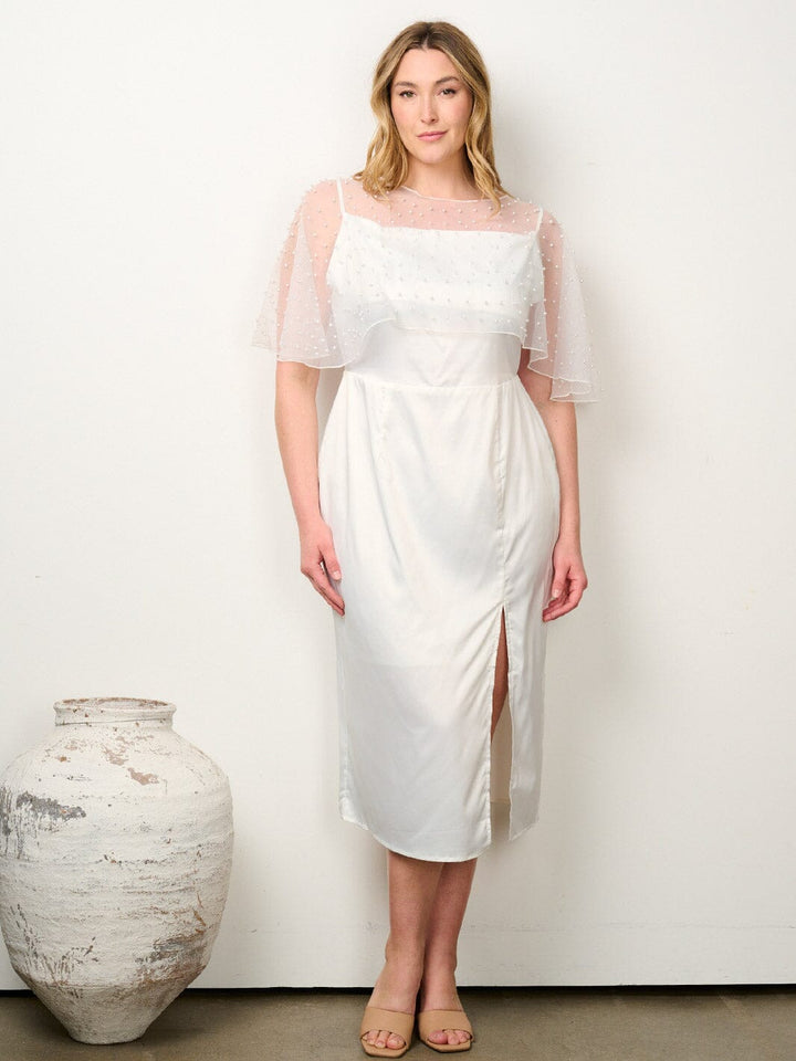 PLUS SIZE SLEEVELESS FRONT SLIT MESH PEARL COVER UP MIDI DRESS